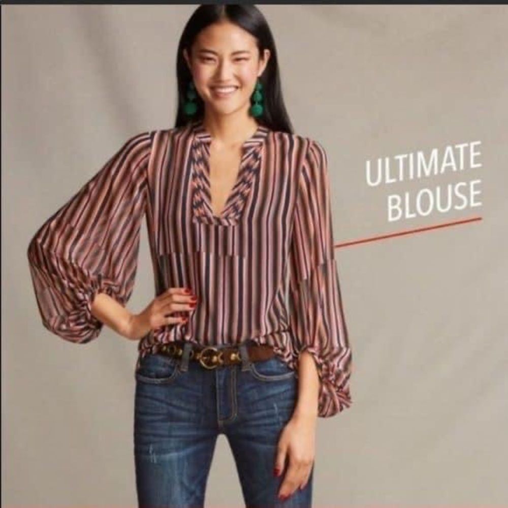 CAbi Ultimate Blouse Striped Balloon Sleeve Sheer V-Neck Size Large Style# 5519